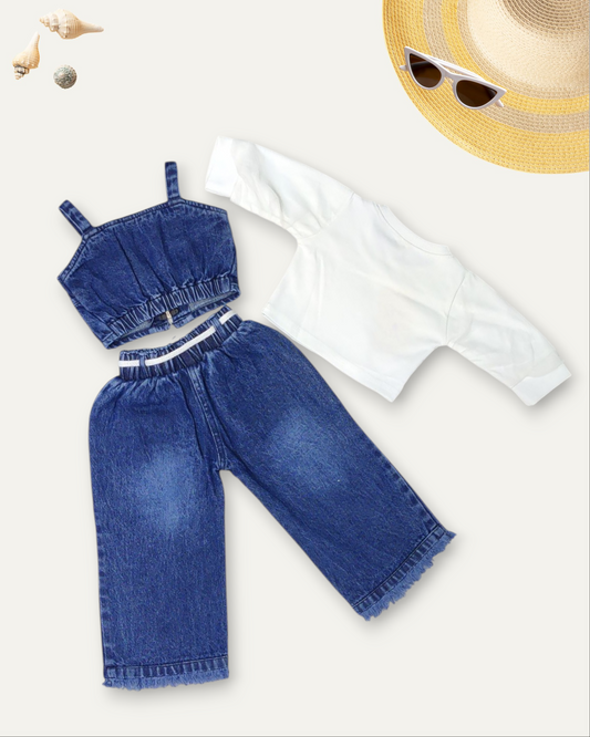 GIRLS 3 PIECE CROP TOP DENIM CO-ORD SET (NAVY WASH) (1-8 YEARS)