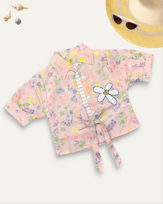 GIRLS FLORAL TIE-UP SHIRT (PEACH) (4-12 YEARS)