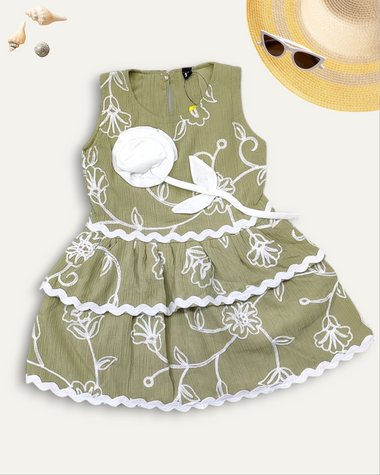 GIRLS LAYERED FLORAL DRESS (OLIVE GREEN) (1-8 YEARS)