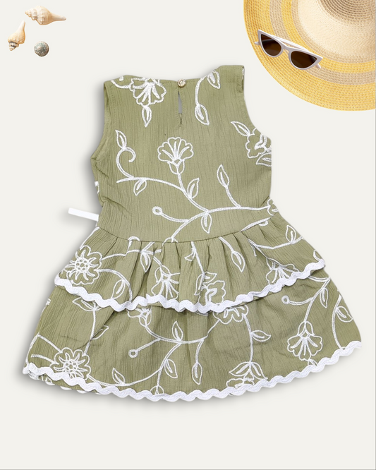 GIRLS LAYERED FLORAL DRESS (OLIVE GREEN) (1-8 YEARS)