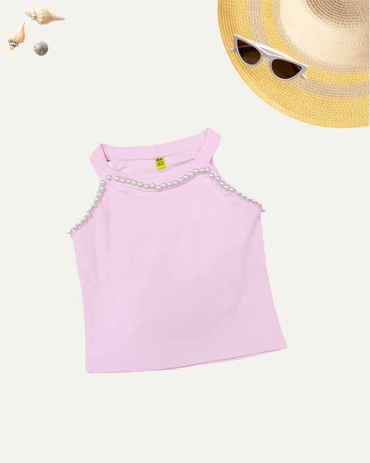 GIRLS SLEEVELESS PEARL TOP BABY PINK [ 3 - 12 YEARS ]