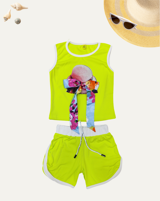 GIRLS SUMMER CO-ORD SET (NEON GREEN) (1-12YEARS)