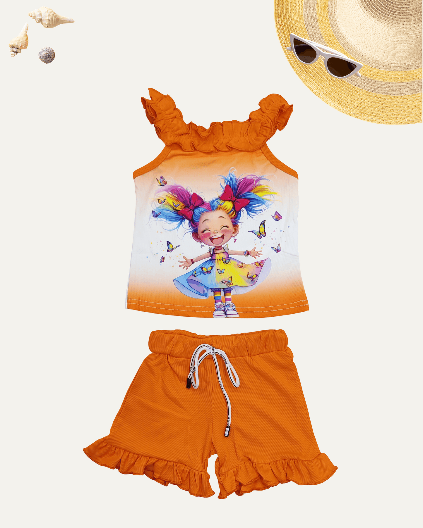 GIRLS CARTOON FRILL CO-ORD SET (ORANGE) (4-12 YEARS) - Girlism
