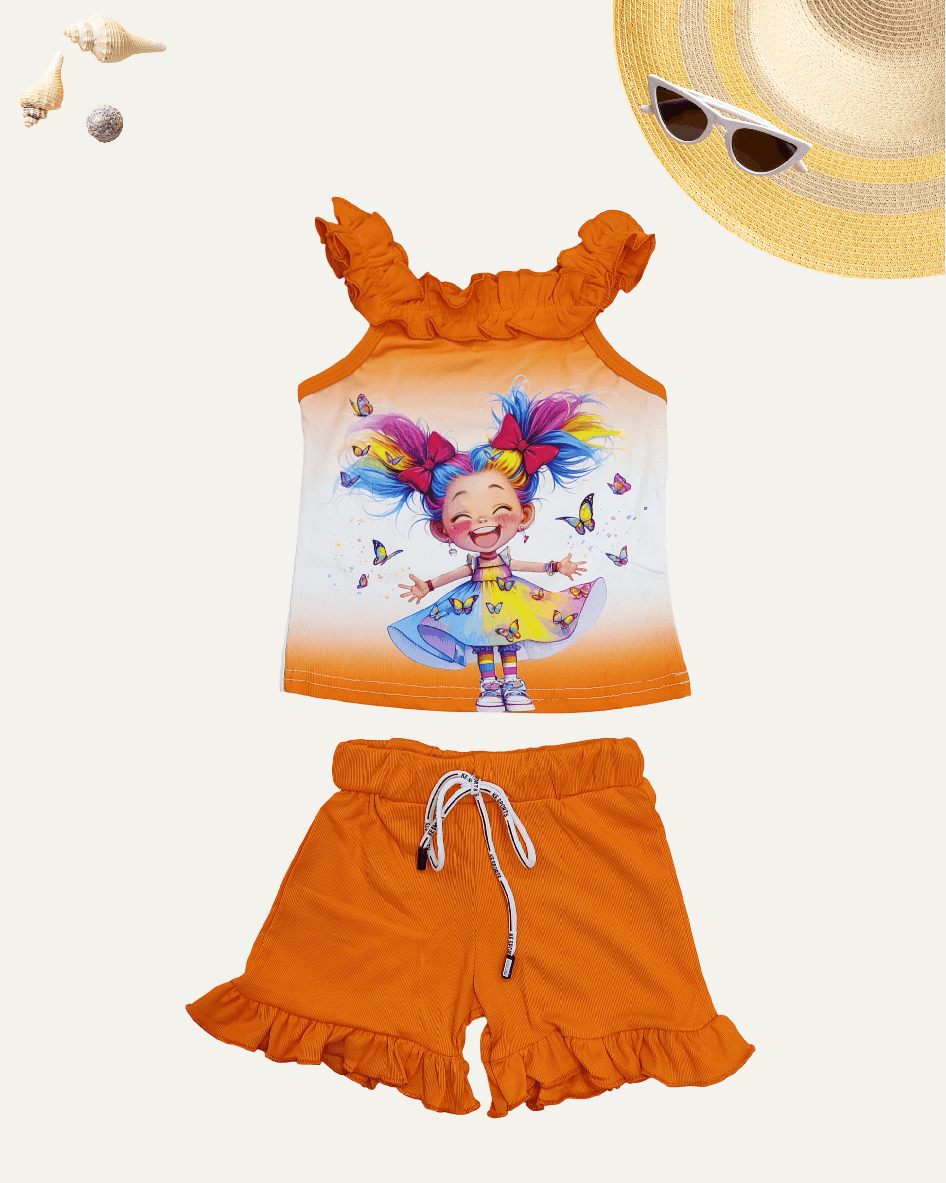 GIRLS CARTOON FRILL CO-ORD SET (ORANGE) (4-12 YEARS) - Girlism