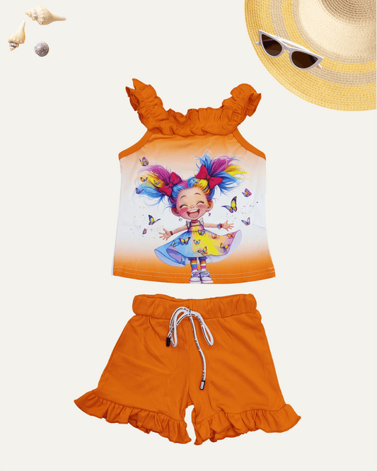 GIRLS CARTOON FRILL CO-ORD SET (ORANGE) (4-12 YEARS) - Girlism