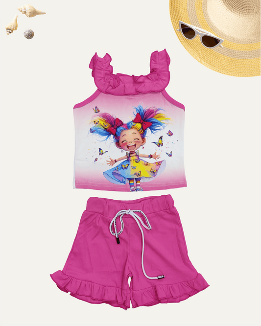 GIRLS CARTOON FRILL CO-ORD SET (PINK) (4-12 YEARS) - Girlism