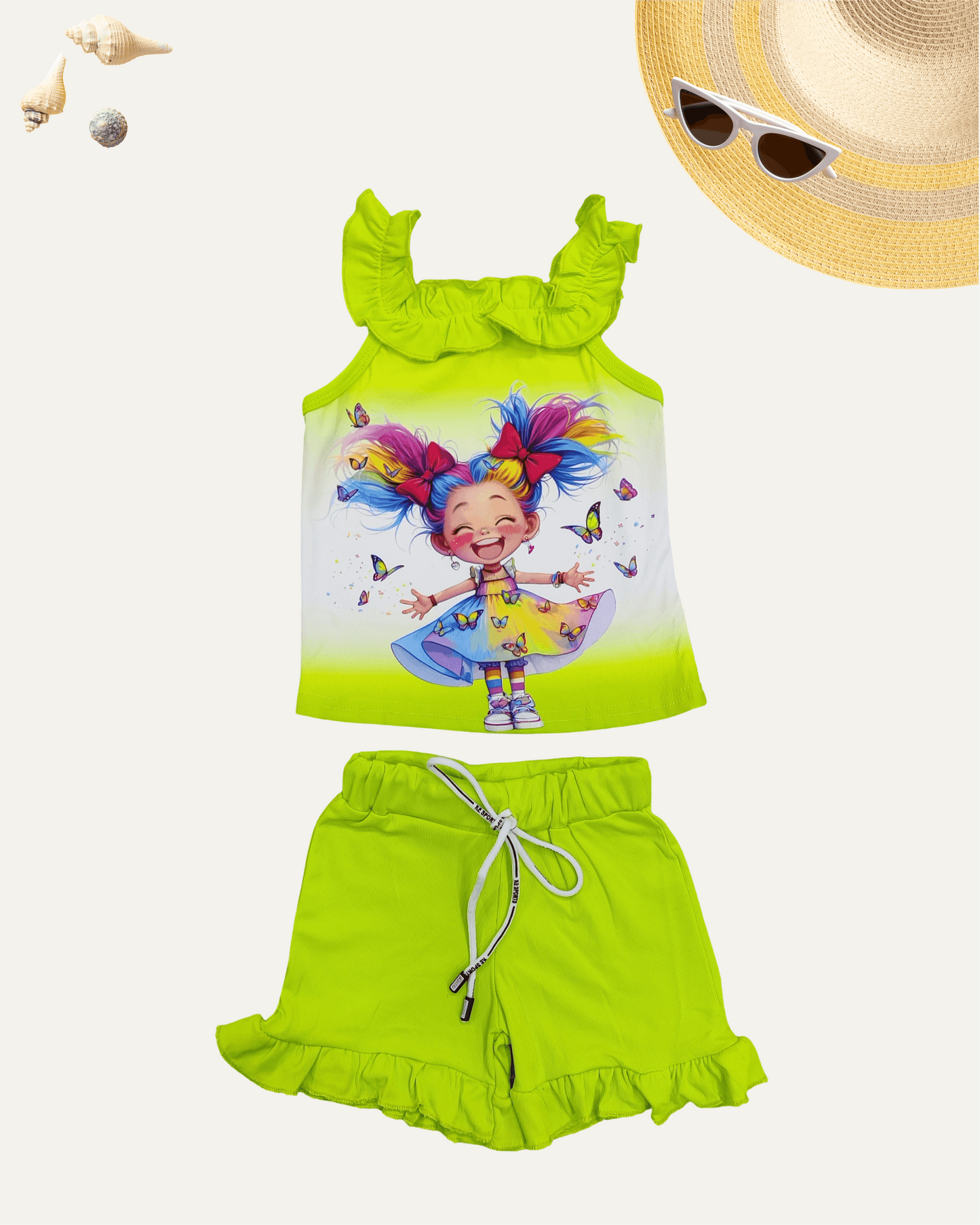 GIRLS CARTOON FRILL CO-ORD SET (GREEN) (4-12 YEAR) - Girlism
