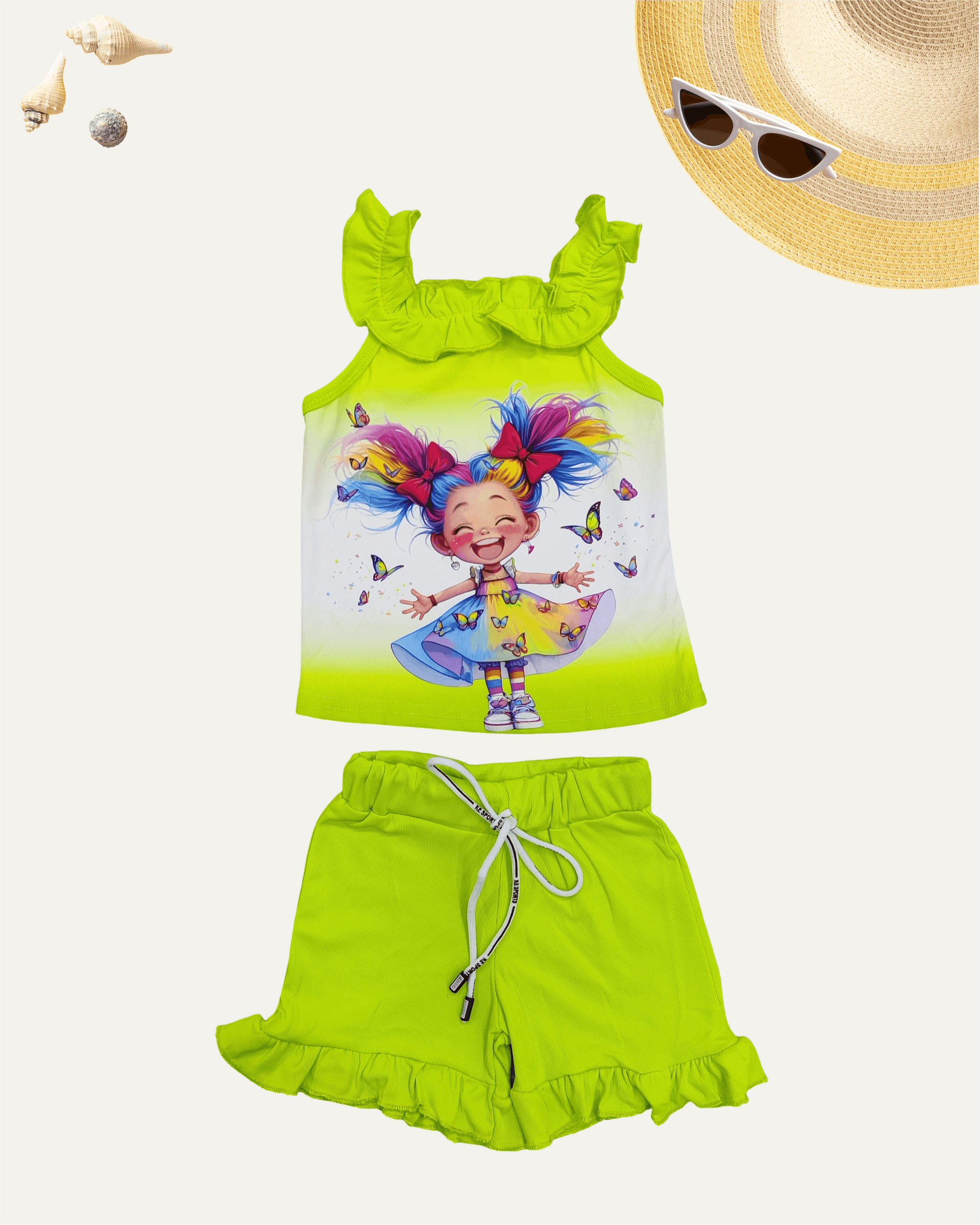 GIRLS CARTOON FRILL CO-ORD SET (GREEN) (4-12 YEAR) - Girlism