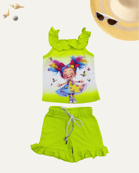 GIRLS CARTOON FRILL CO-ORD SET (GREEN) (4-12 YEAR) - Girlism