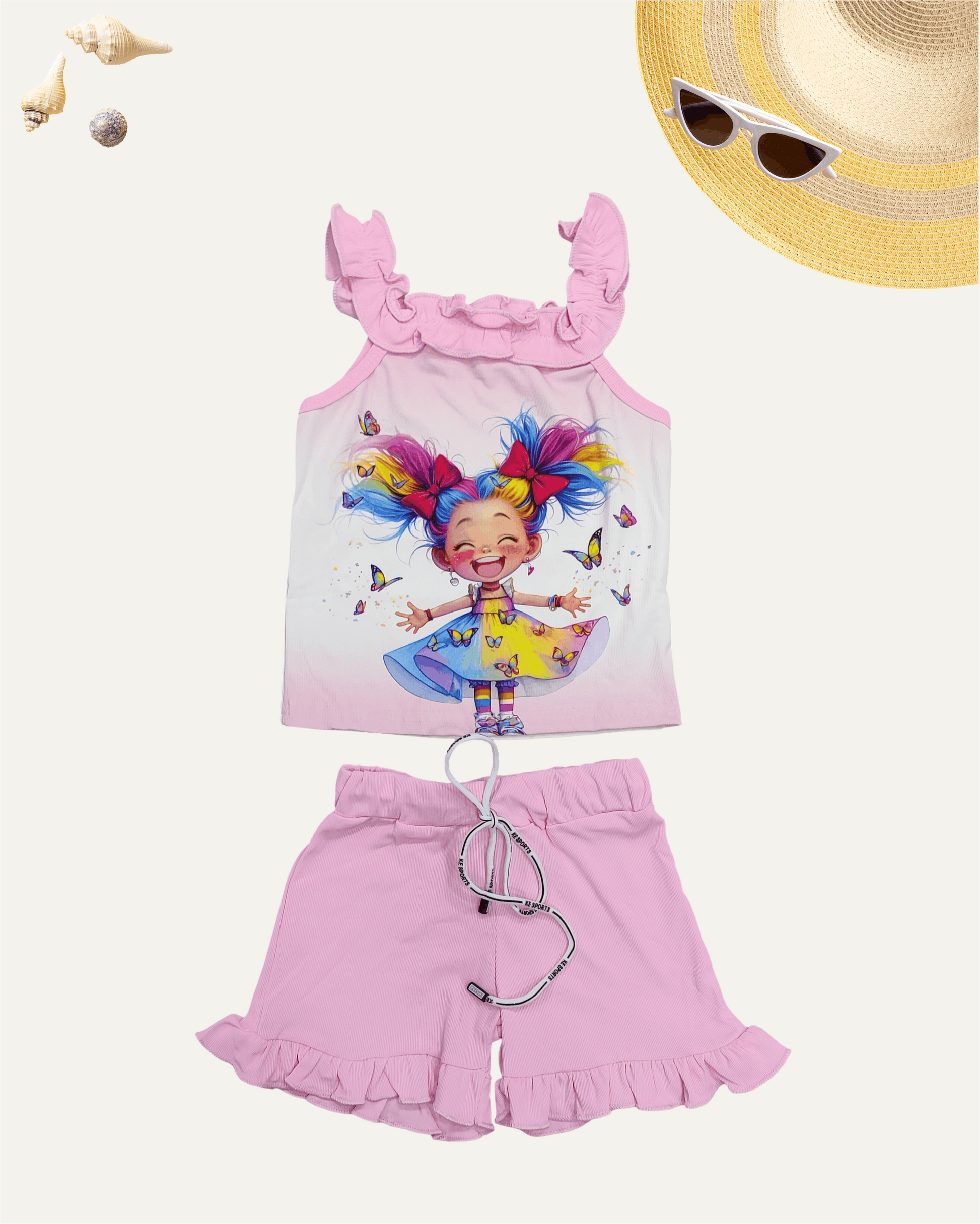 GIRLS CARTOON FRILL CO-ORD SET (BABY PINK) (4-12 YEARS) - Girlism