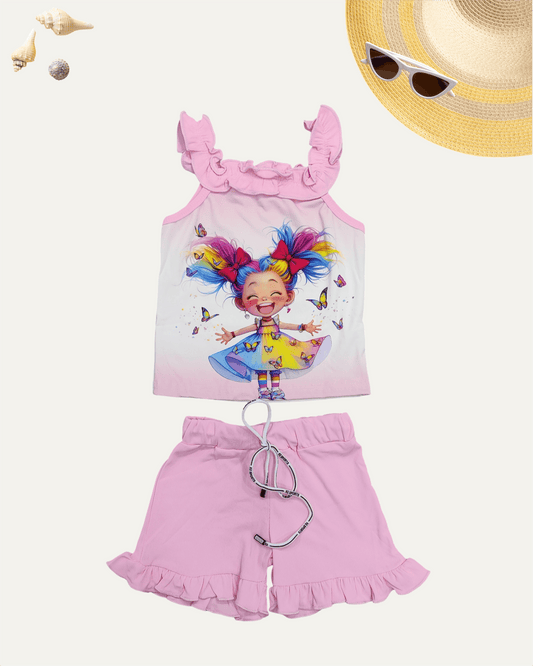 GIRLS CARTOON FRILL CO-ORD SET (BABY PINK) (4-12 YEARS) - Girlism