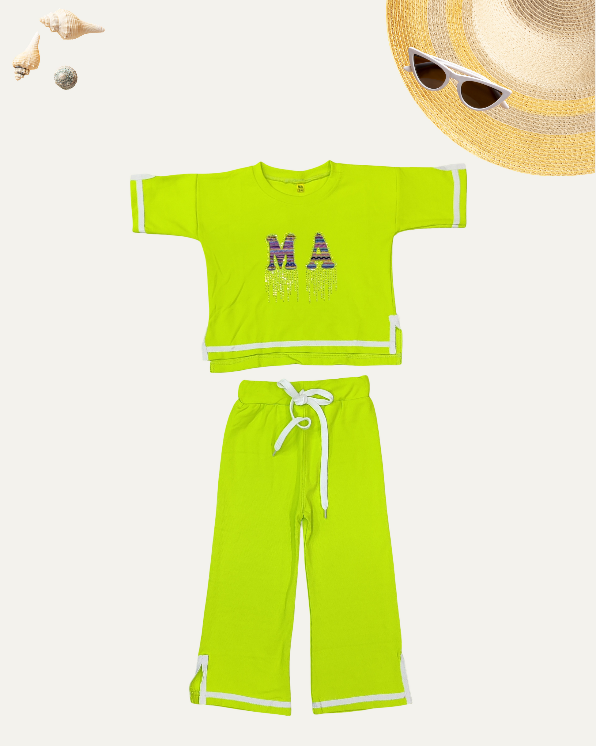 GIRLS TRENDY BEADWORK CO-ORD SET (NEON GREEN) (4-12 YEARS) - Girlism