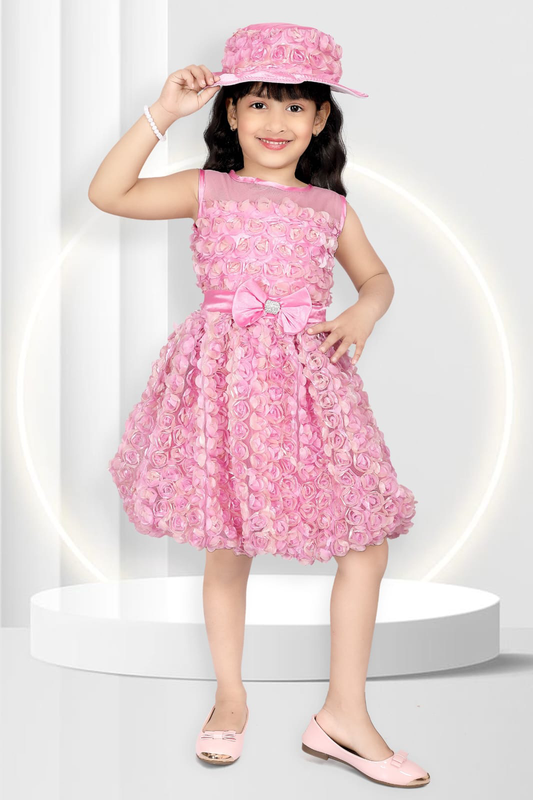 GIRLS PINK ROSETTE PARTY DRESS WITH MATCHING HAT (0-6 YEARS)