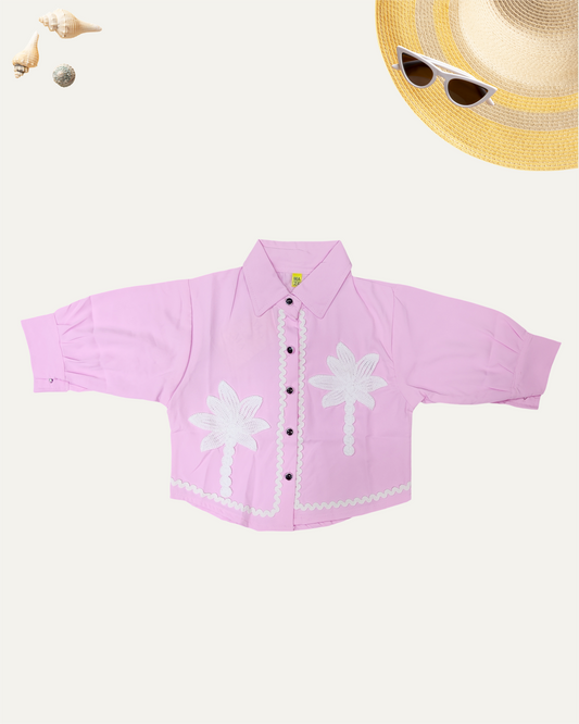 GIRLS PINK BUTTON-UP PALM EMBROIDERY TOP (4-12 YEARS) - Girlism