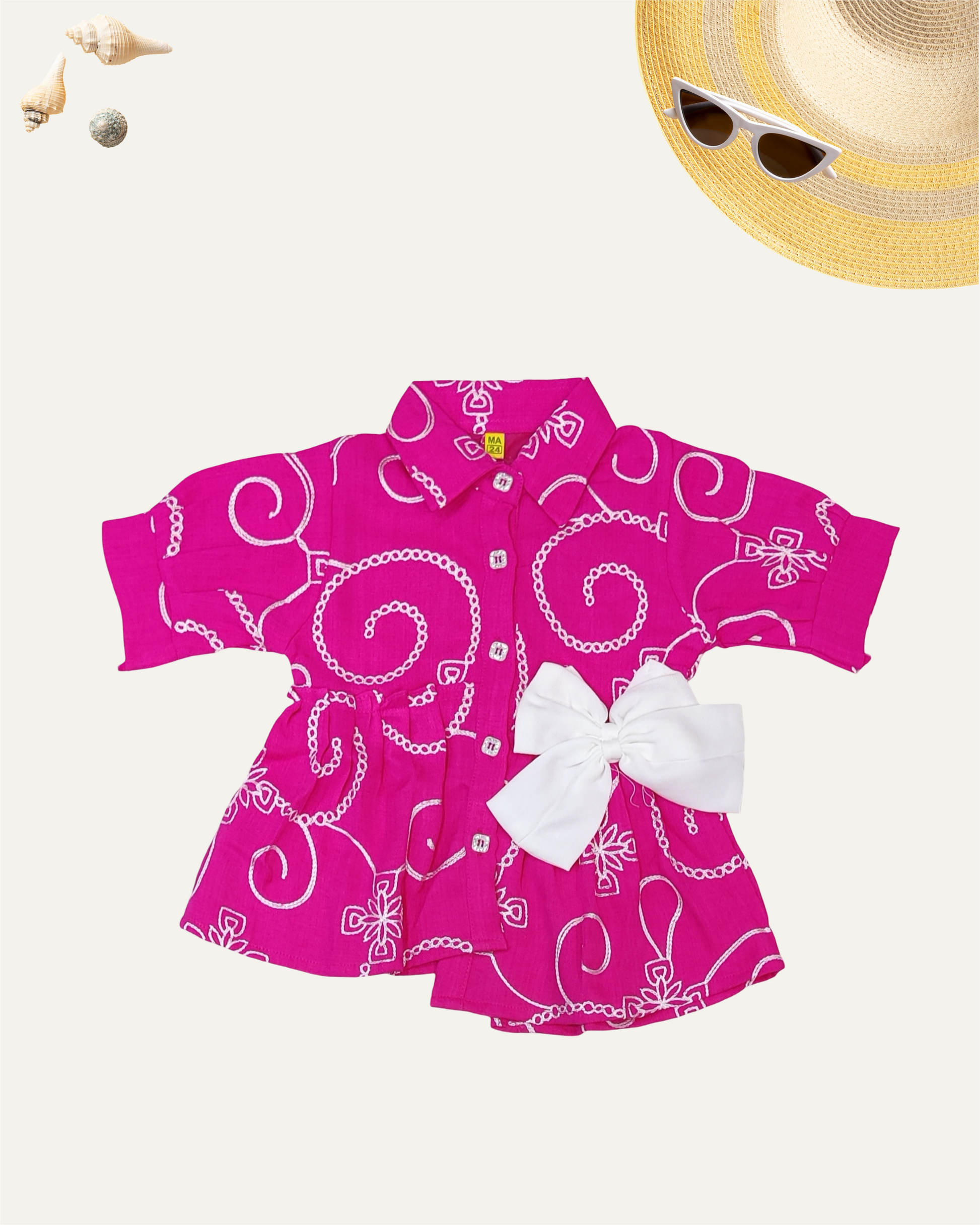 GIRLS PRINTED FRONT BUTTON BOW TOP (HOT PINK) (4-12 YEARS) - Girlism