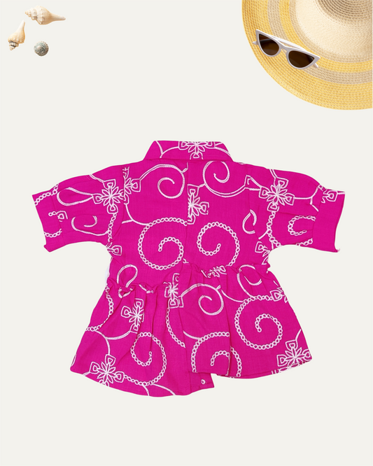 GIRLS PRINTED FRONT BUTTON BOW TOP (HOT PINK) (4-12 YEARS) - Girlism