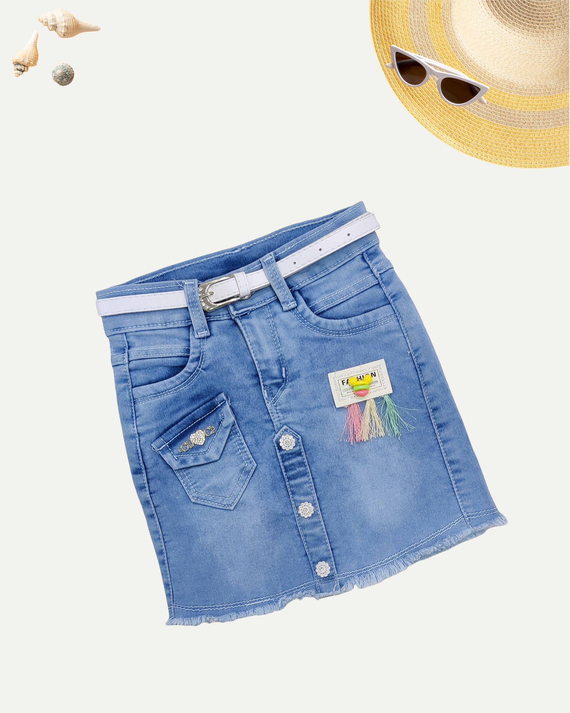 GIRLS LIGHT BLUE DENIM SKIRT WITH BELT (0-12 YEARS) - Girlism