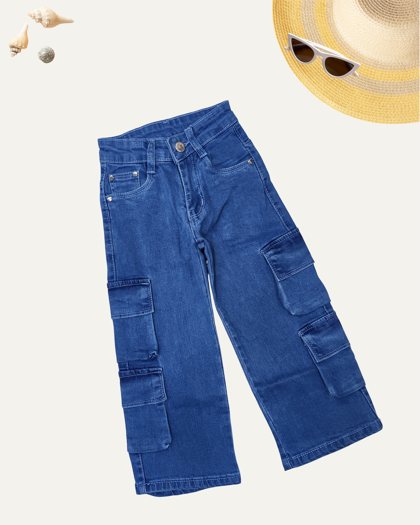 GIRLS BLUE DENIM CARGO JEANS (3-14 YEARS) - Girlism