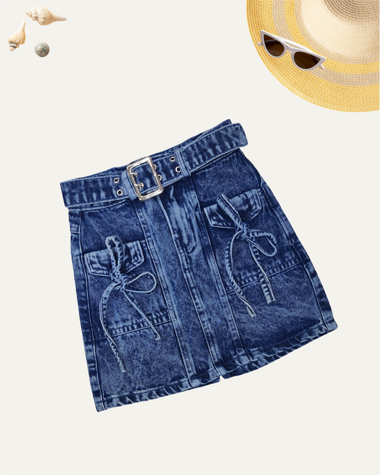GIRLS BOW POCKETS BLUE WASHED DENIM SKIRT (1-12 YEARS) - Girlism