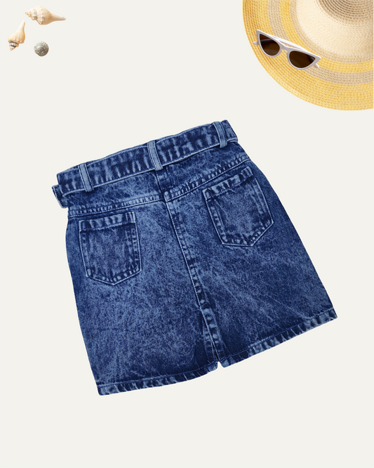 GIRLS BOW POCKETS BLUE WASHED DENIM SKIRT (1-12 YEARS) - Girlism