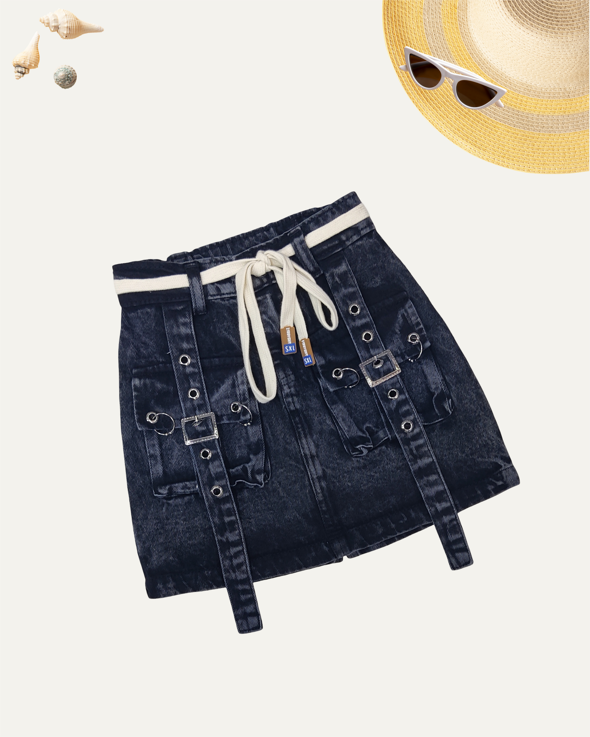 GIRLS DRAWSTRING BELT AND STRAPS DENIM SKIRT (BLACK WASH) (4-12 YEARS) - Girlism