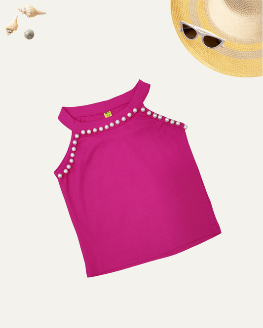 GIRLS SLEEVELESS PEARL TOP HOT PINK (3-11 YEARS) - Girlism