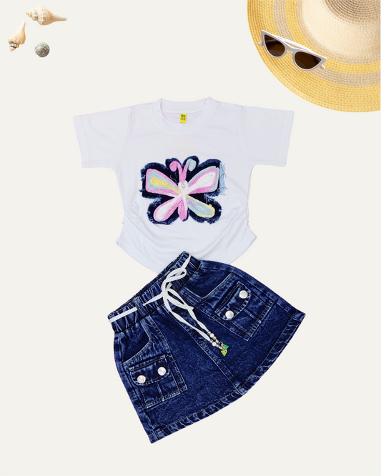 GIRLS CO-ORD SET WITH DENIM SKIRT DX BLUE [ 1 - 12 YEARS ]