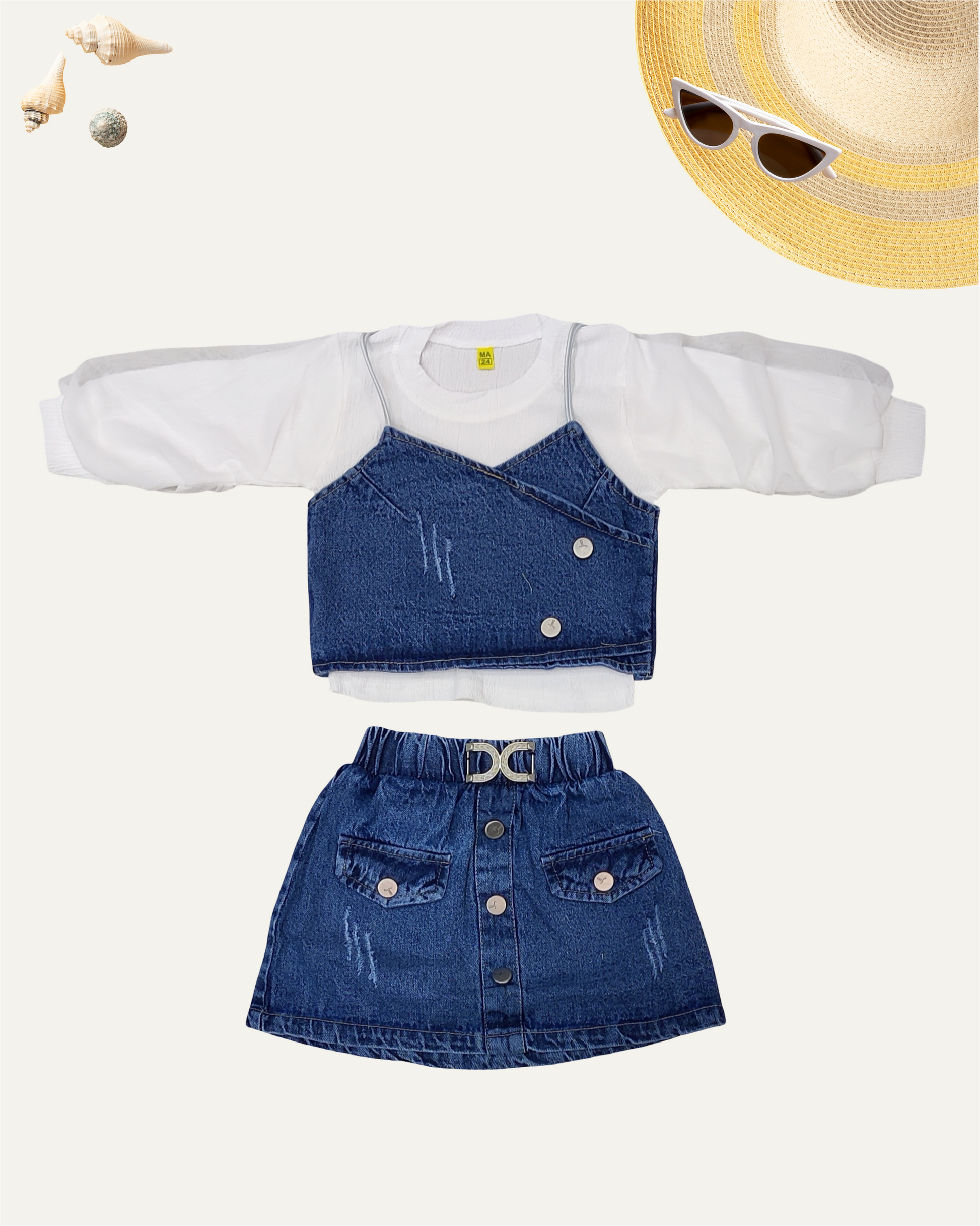 GIRLS 3PC DENIM SKIRT CO-ORD SET (BLUE WASH) (1-12 YEARS) - Girlism