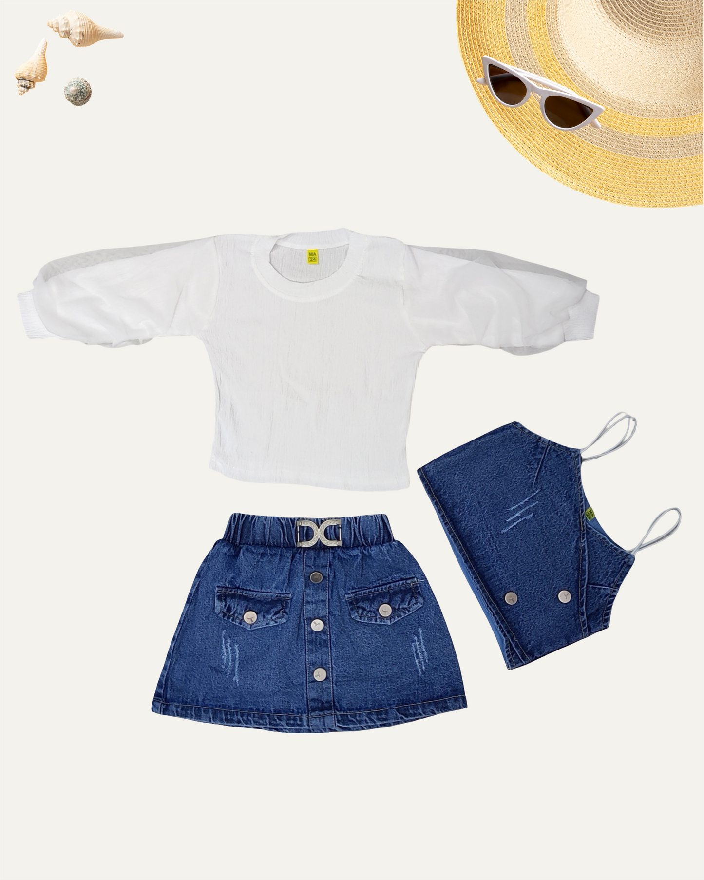 GIRLS 3PC DENIM SKIRT CO-ORD SET (BLUE WASH) (1-12 YEARS) - Girlism
