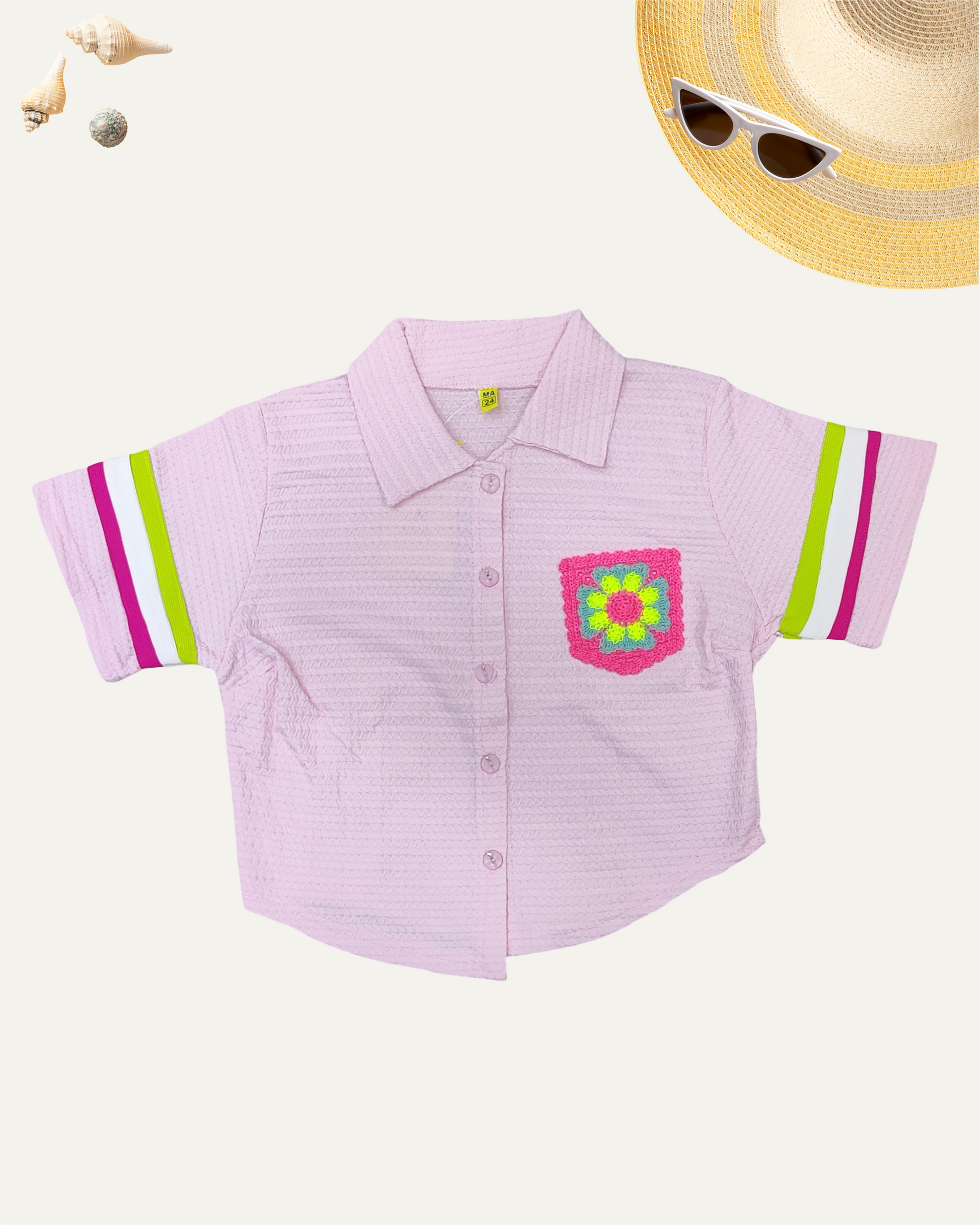 GIRLS CROCHET POCKET SHIRT (BABY PINK) (4-12 YEARS) - Girlism
