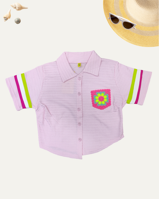 GIRLS CROCHET POCKET SHIRT (BABY PINK) (4-12 YEARS) - Girlism