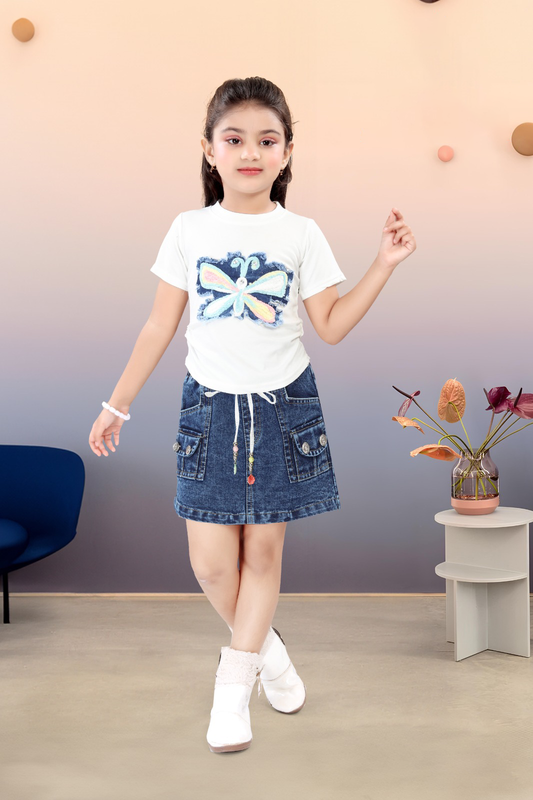 GIRLS CO-ORD SET WITH DENIM SKIRT DX BLUE [ 1 - 12 YEARS ]