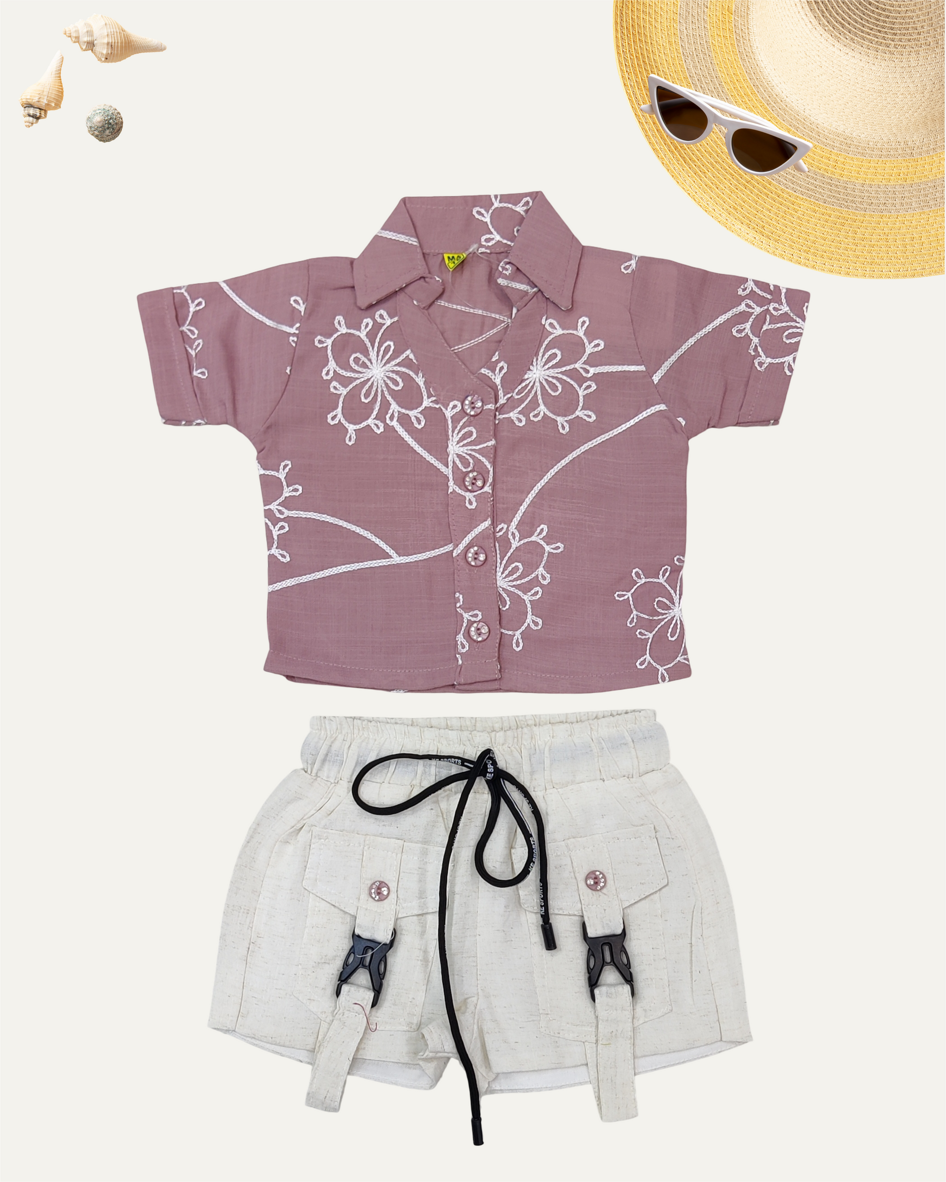 GIRLS FLORAL SHIRT AND BEIGE SHORTS SET (ONION PINK) (1-8 YEARS) - Girlism