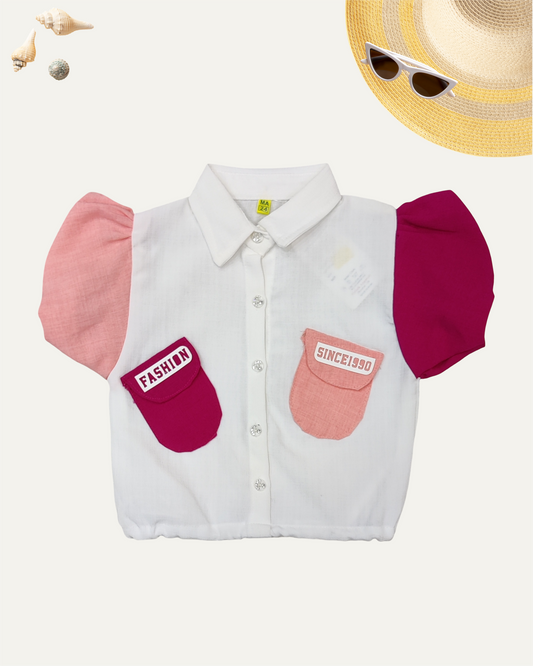 GIRLS RETRO POP SHIRT (4-12 YEARS) (PEACH & RED) - Girlism