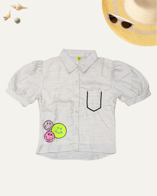GIRLS PUFF SLEEVEE SHIRT TOP (WHITE) (11-14 YEARS) - Girlism