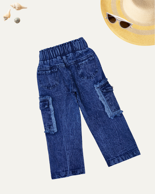 GIRLS DENIM CARGO JEANS (4-12 YEARS) (BLUE WASH) - Girlism