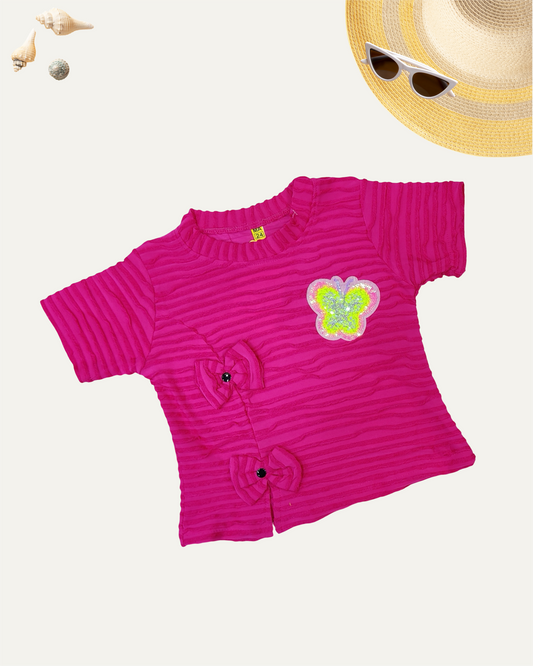 GIRLS TEXTURED BUTTERFLY TOP (HOT PINK) (4-14 YEARS) - Girlism