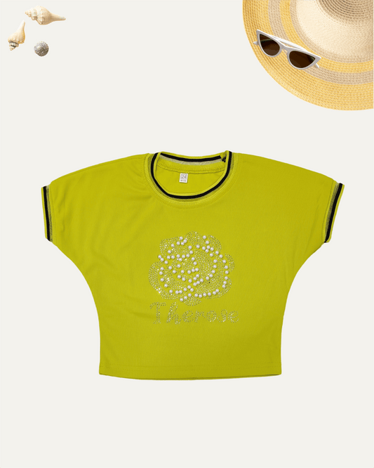 GIRLS RHINESTONE T-SHIRT MUSTARD YELLOW [ 4 - 12 YEARS ] - Girlism