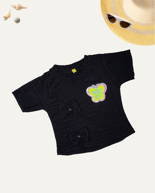 GIRLS TEXTURED BUTTERFLY TOP (BLACK) (4-14 YEARS) - Girlism