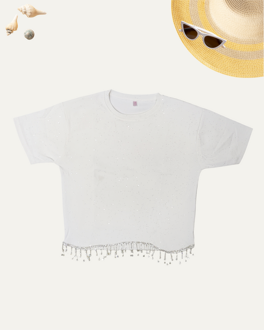 GIRLS WHITE SPARKLY T-SHIRT (12-15 YEARS) - Girlism