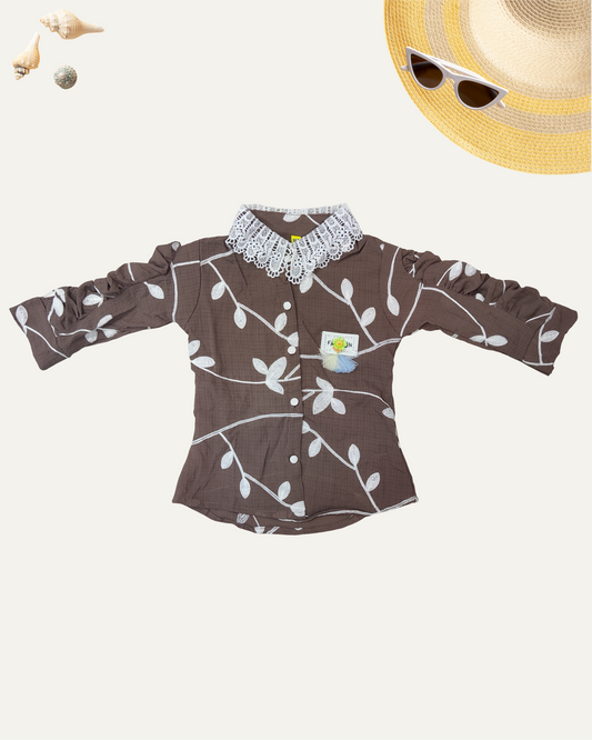 GRILS FLORAL SHIRT WITH LACE COLLAR (BROWN) (4-14 YEARS) - Girlism