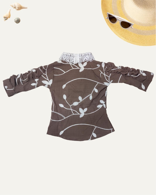 GRILS FLORAL SHIRT WITH LACE COLLAR (BROWN) (4-14 YEARS) - Girlism