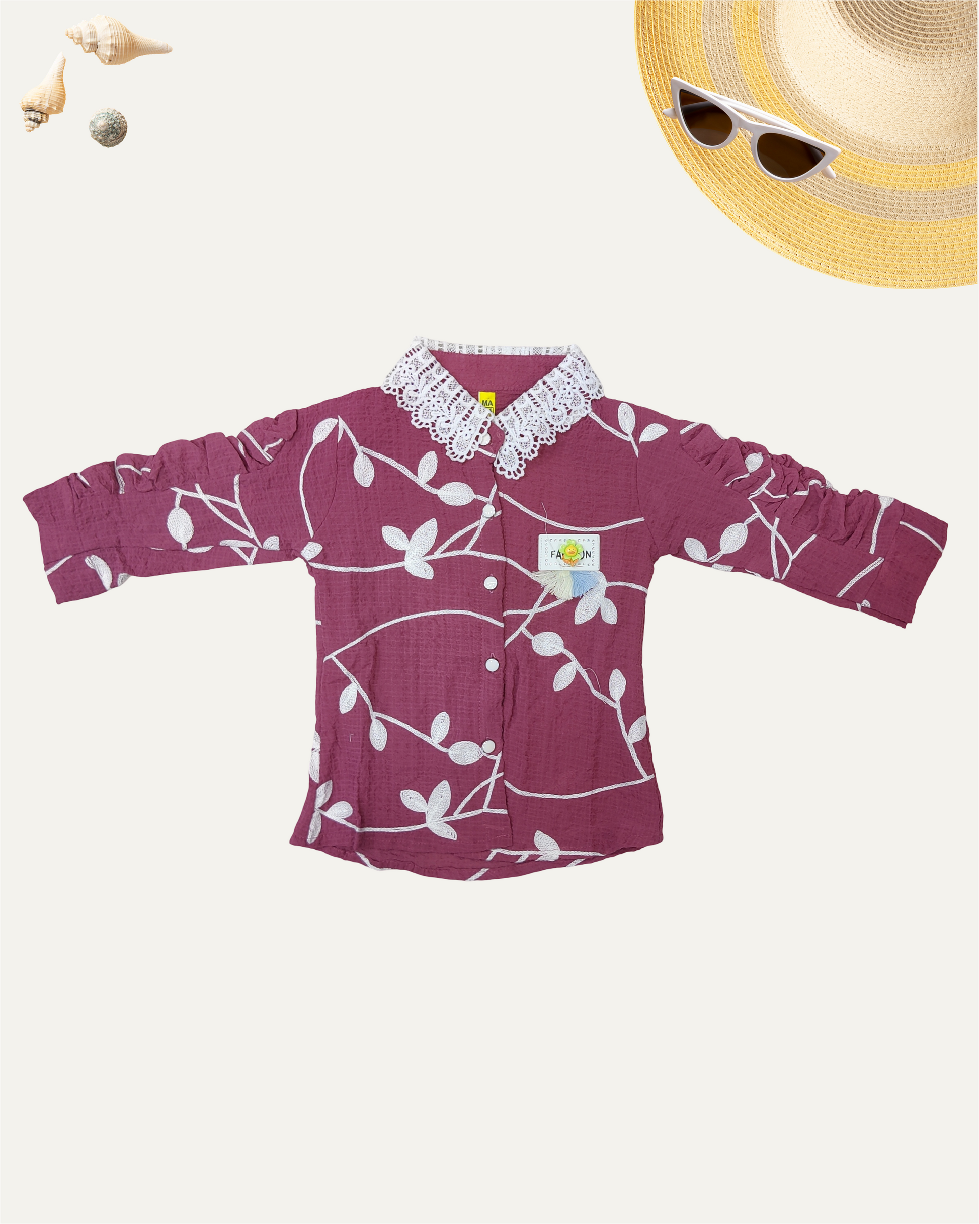 GIRLS FLORAL SHIRT WITH LACE COLLAR (WINE) (4-14 YEARS) - Girlism