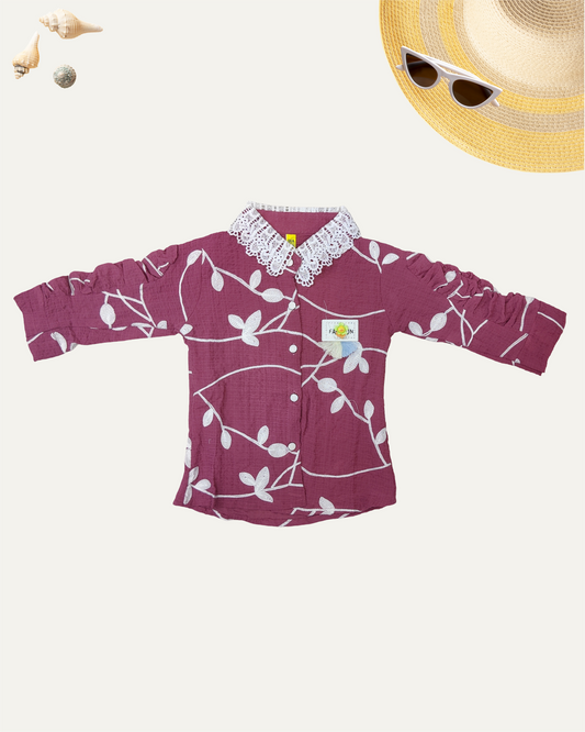 GIRLS FLORAL SHIRT WITH LACE COLLAR (WINE) (4-14 YEARS) - Girlism