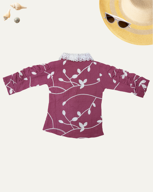 GIRLS FLORAL SHIRT WITH LACE COLLAR (WINE) (4-14 YEARS) - Girlism