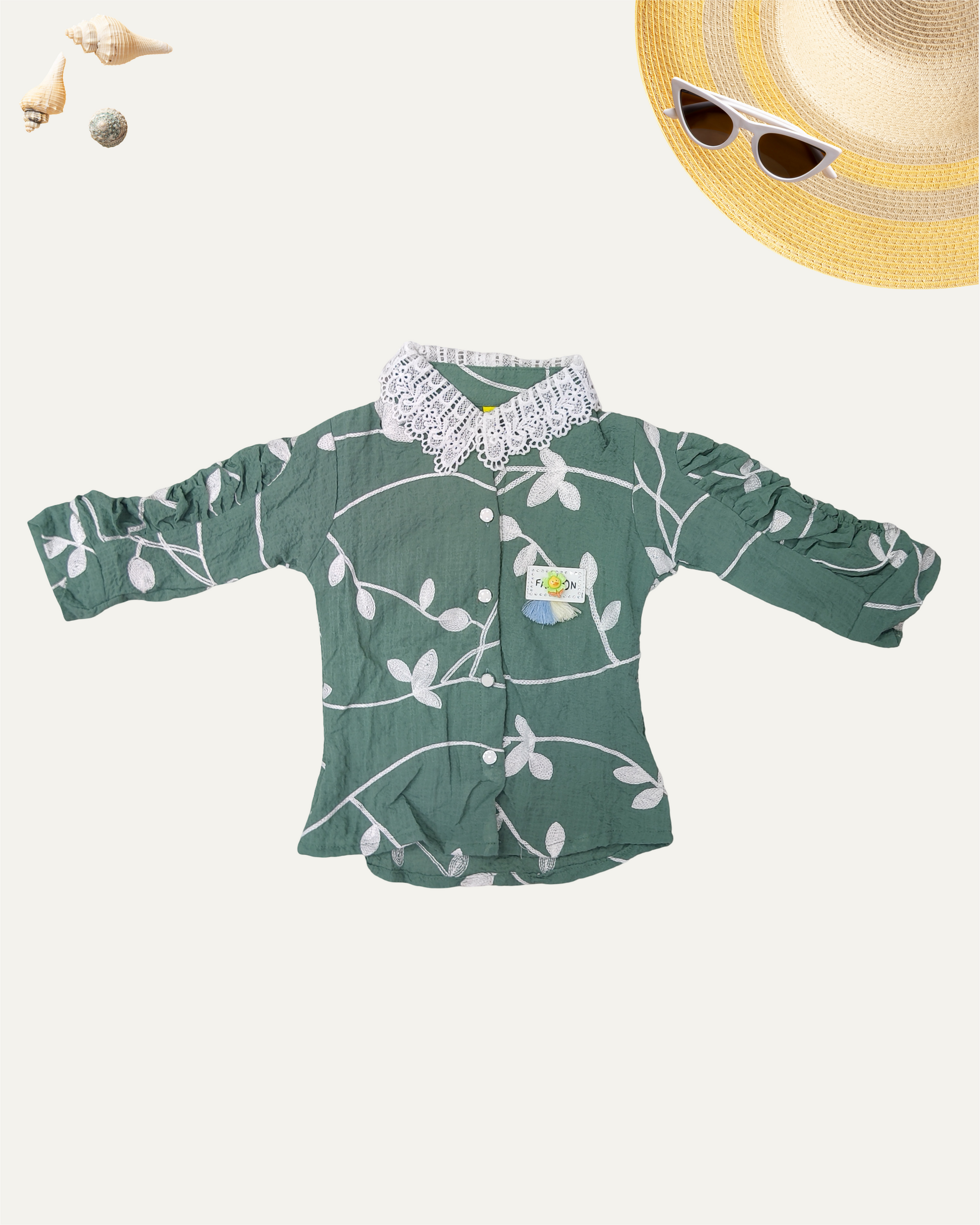 GIRLS FLORAL SHIRT WITH LACE COLLAR (GREEN) (4-14 YEARS) - Girlism