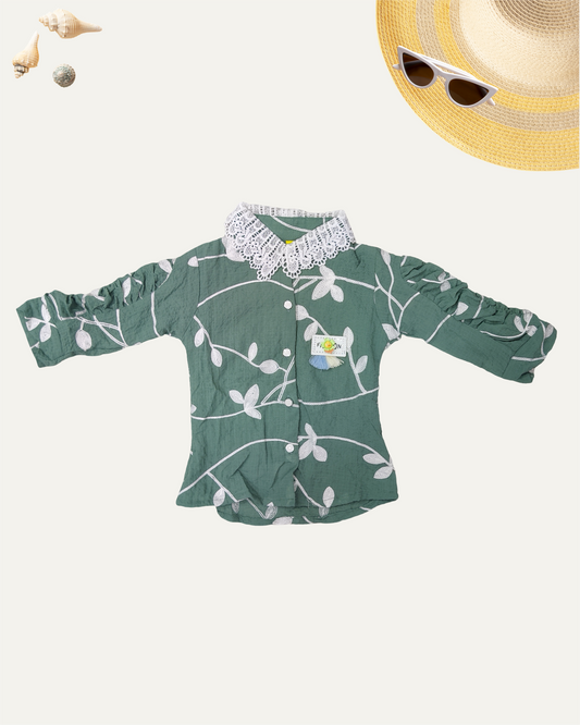 GIRLS FLORAL SHIRT WITH LACE COLLAR (GREEN) (4-14 YEARS) - Girlism