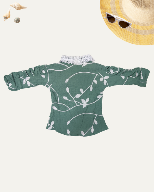GIRLS FLORAL SHIRT WITH LACE COLLAR (GREEN) (4-14 YEARS) - Girlism