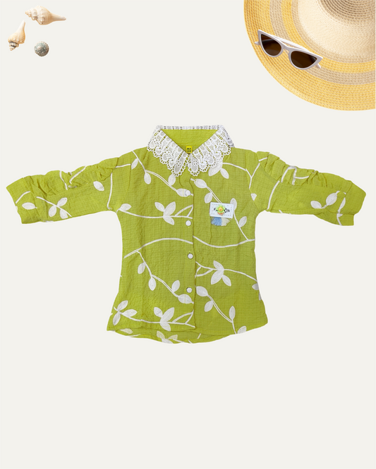 GIRLS FLORAL SHIRT WITH LACE COLLAR (LIME GREEN ) (4-14 YEARS) - Girlism