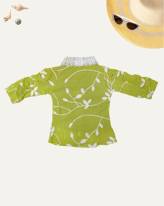 GIRLS FLORAL SHIRT WITH LACE COLLAR (LIME GREEN ) (4-14 YEARS) - Girlism